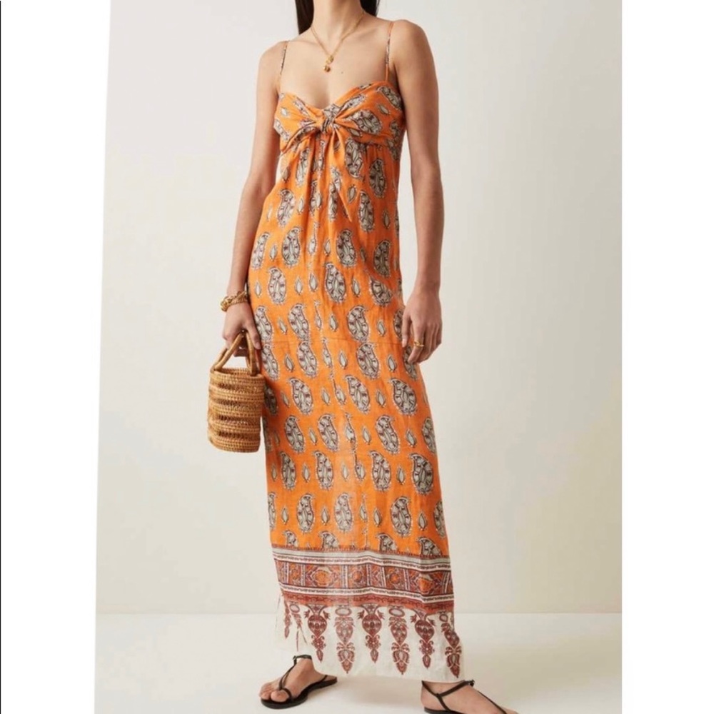 SOLD Johanna Ortiz Charisma of the Tropics Maxi Dress 100% linen orange 0 NWT - Picture 15 of 16
